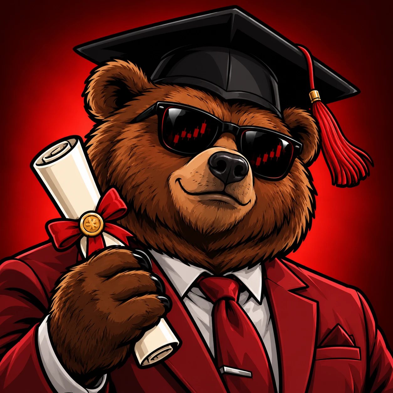 The SnP bear in a graduation cap, holding a diploma.